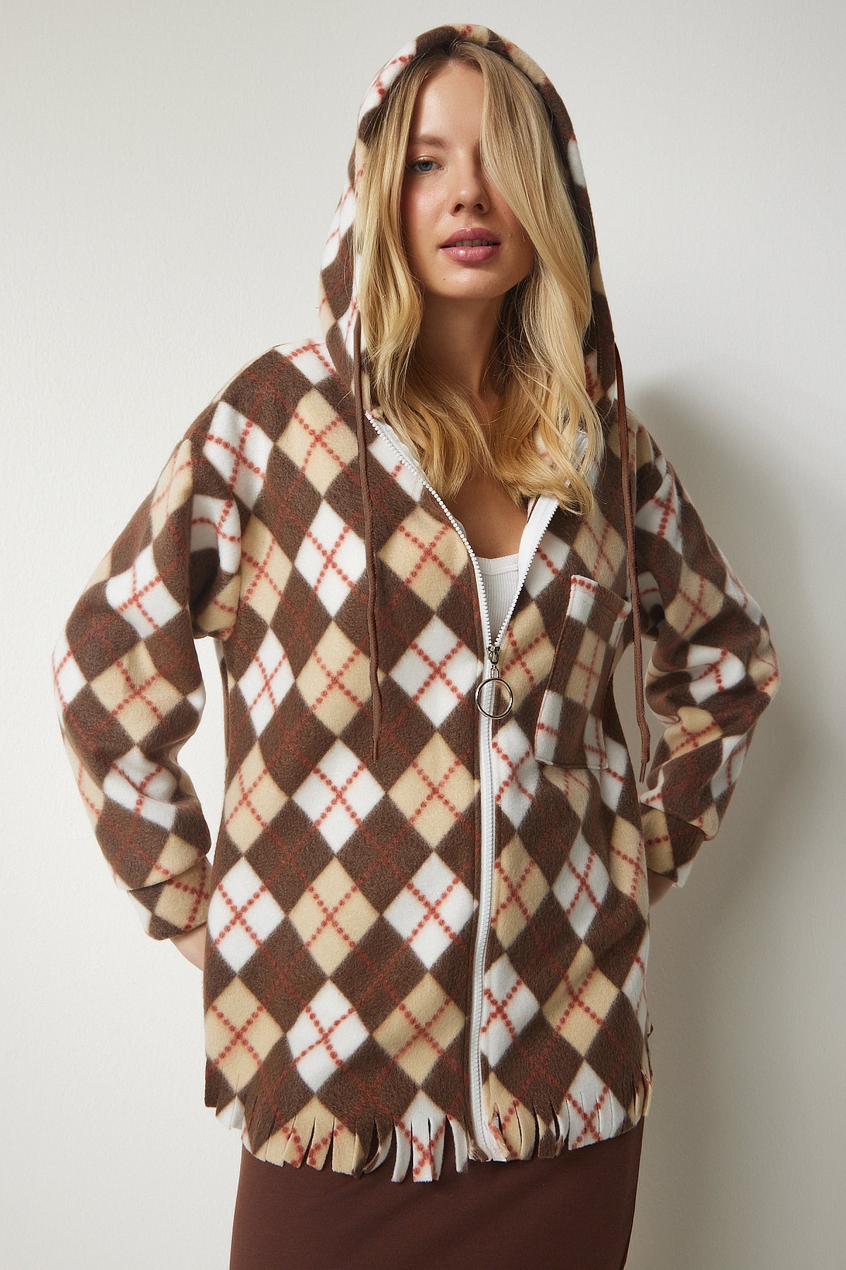 Kahverengi Püsküllü Kapüşonlu Polar Sweatshirt DD01260