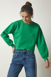 Yeşil Bisiklet Yaka Şardonlu Crop Örme Sweatshirt BF00085