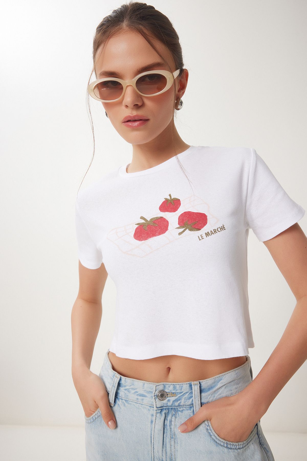 Beyaz Baskılı Crop Örme T-Shirt WO00053