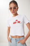 Beyaz Baskılı Crop Örme T-Shirt WO00053