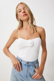 Ekru Gül Detaylı Straplez Crop Triko Bluz  FN03368
