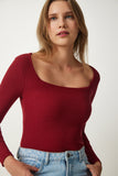 Bordo Kare Yaka Fitilli Örme Bluz GT00052