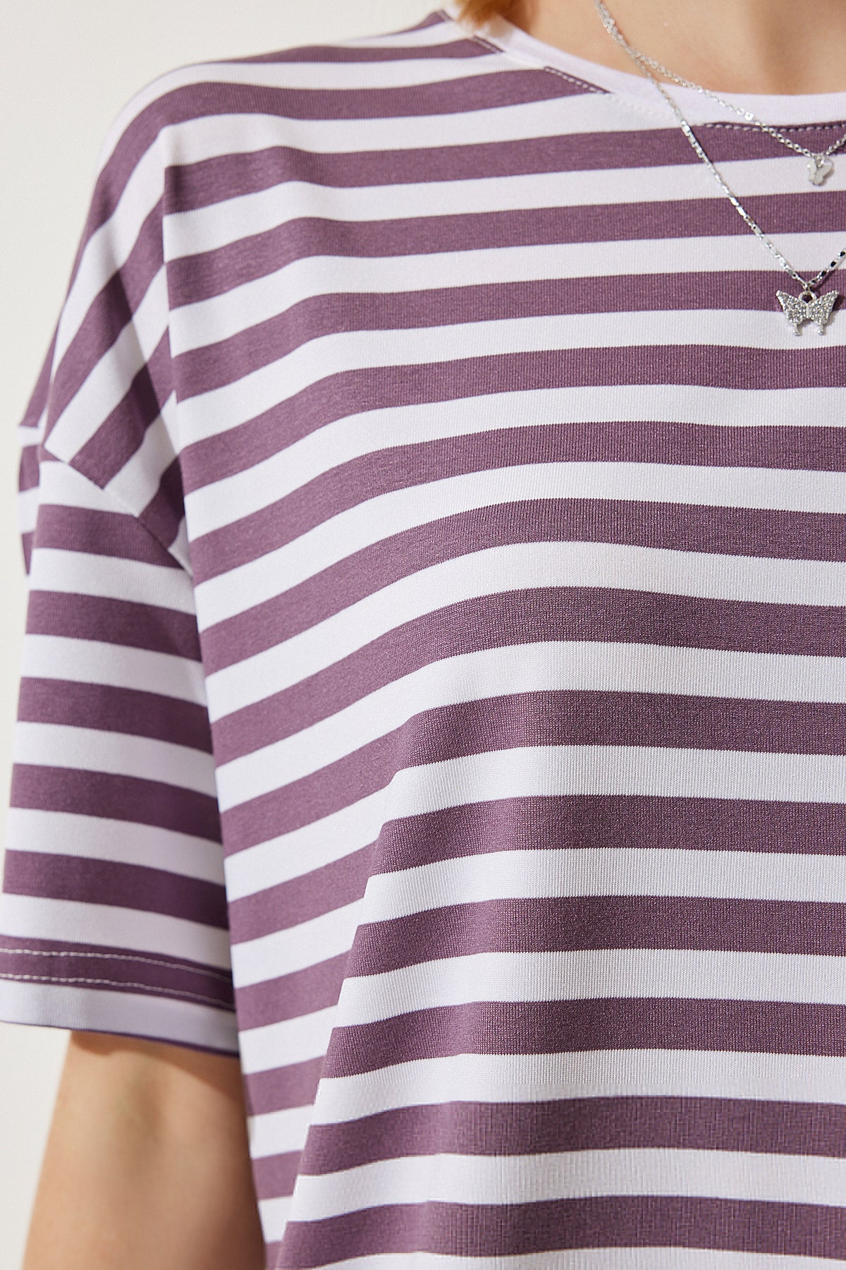 Leylak Bisiklet Yaka Çizgili Oversize Örme T-Shirt EN00609