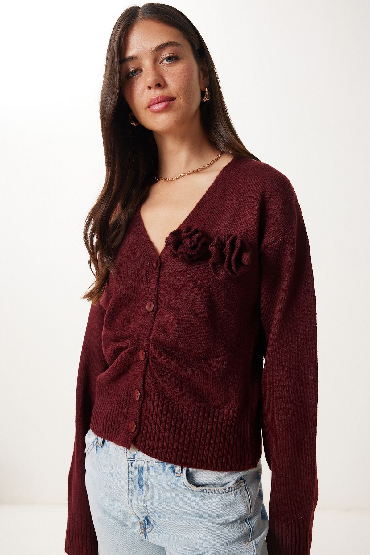 Bordo Çiçek Detaylı Triko Hırka YY00250