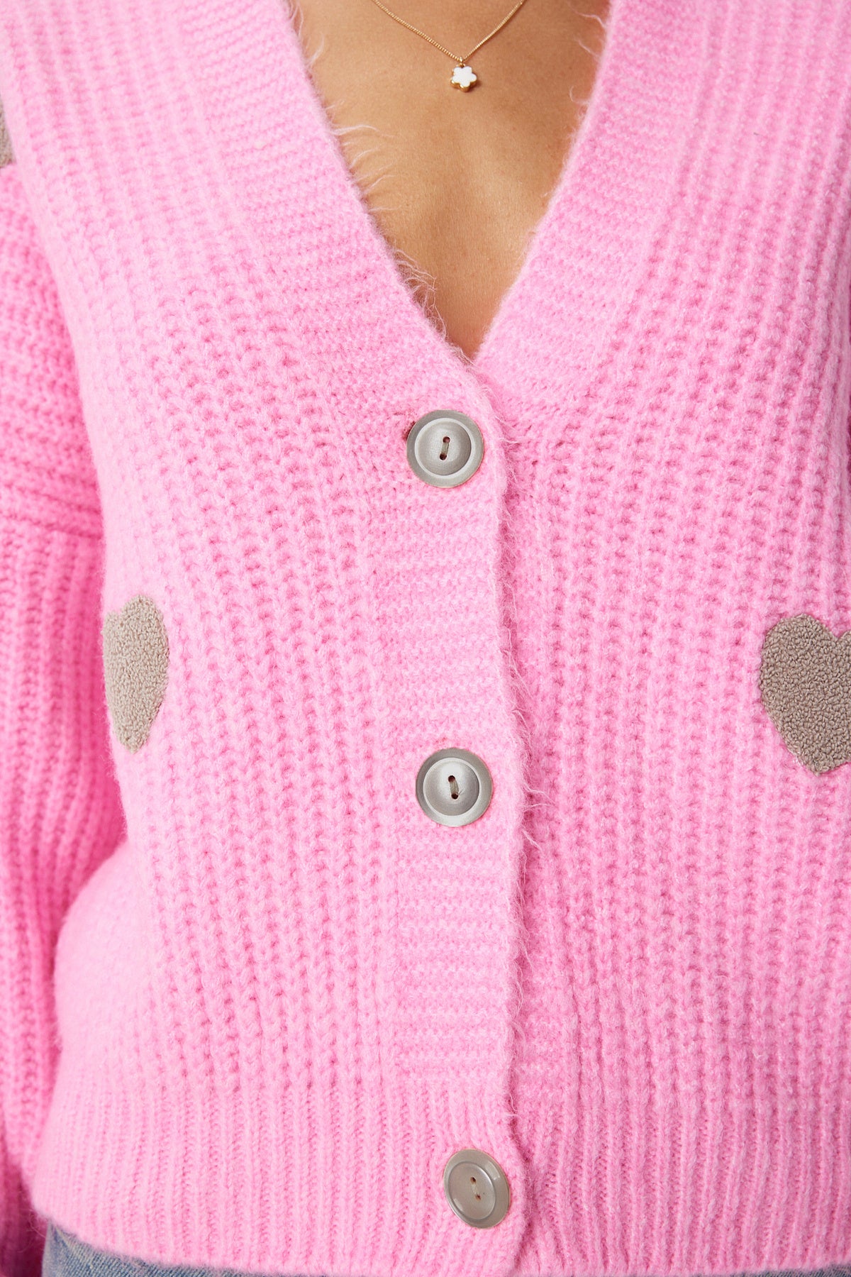 Pembe Kalp Motifli Oversize Triko Hırka PF00084