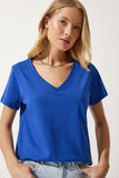 Mavi V Yaka Basic Örme T-Shirt  UB00261