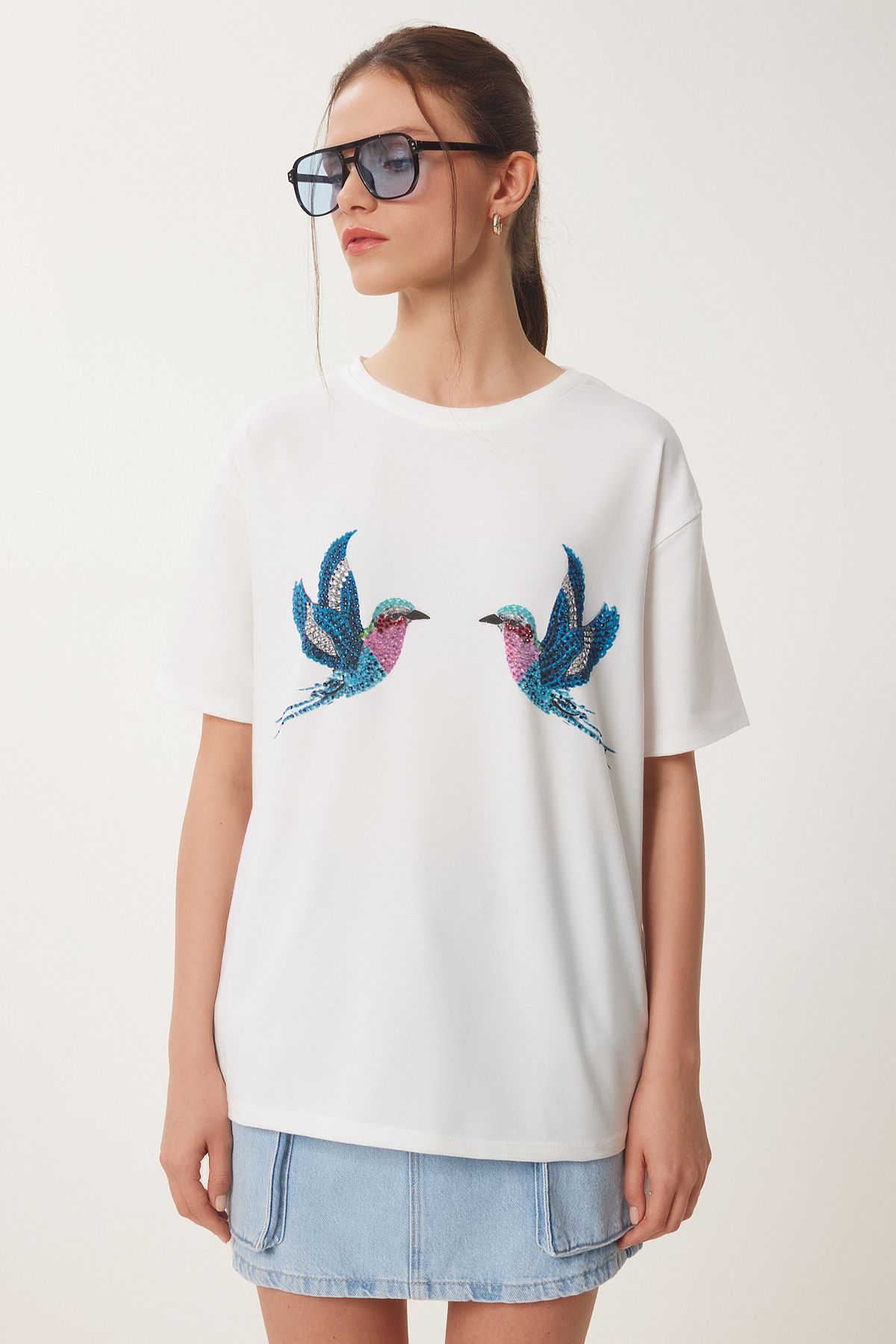 Ekru Baskılı Taş Detaylı Örme T-Shirt ZV00288