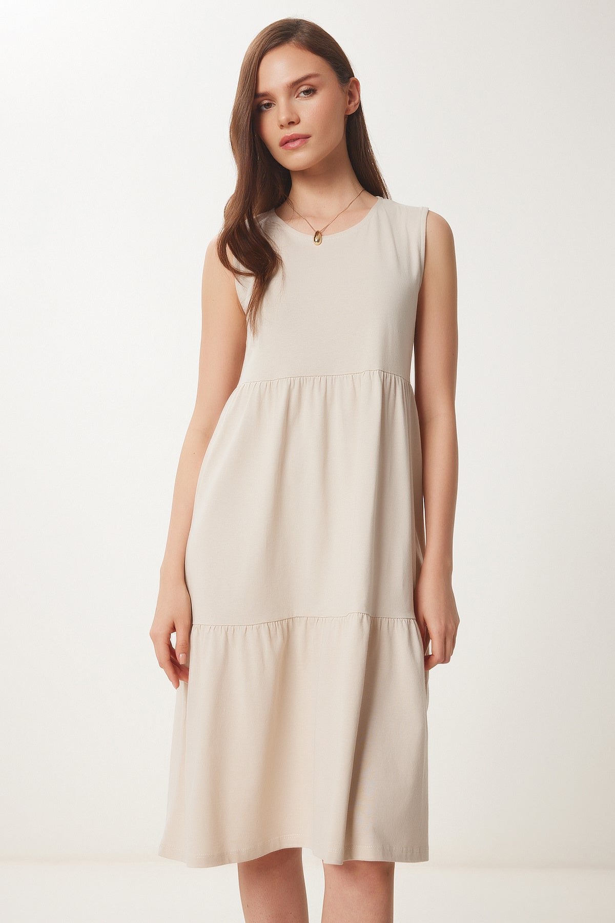 Krem Kolsuz Basic Yazlık Örme Elbise CR00479