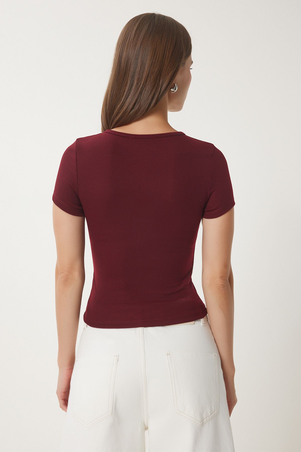 Bordo Çıtçıtlı Basic Örme Crop Bluz FW00004