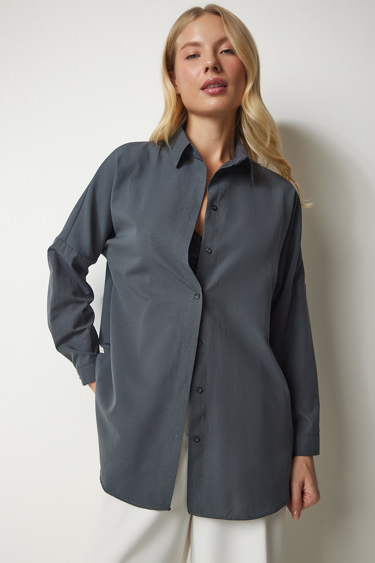 Füme Oversize Uzun Basic Gömlek  DD00842