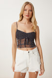 Siyah Puantiyeli Askılı Crop Tül Bluz UB00392