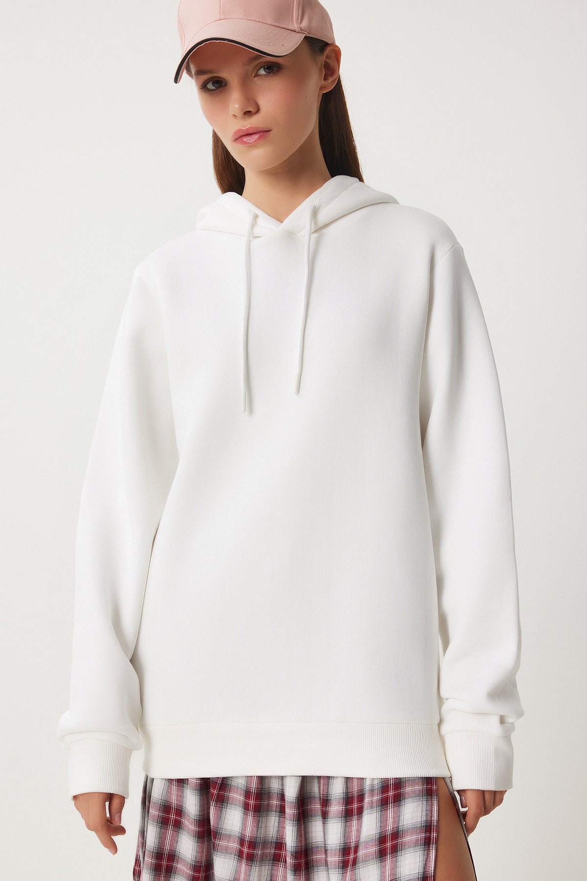 Ekru Kapüşonlu Şardonlu Oversize Sweatshirt VN00017
