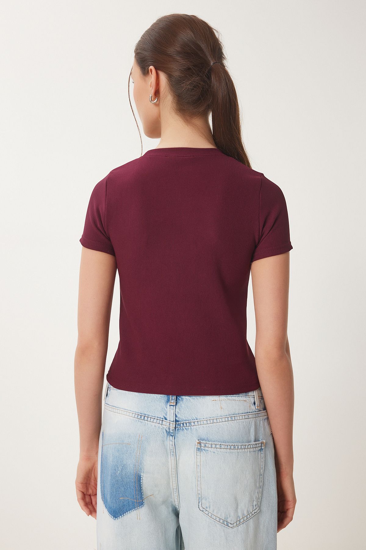 Bordo Kalp Nakışlı Fitilli Örme T-Shirt ZV00289