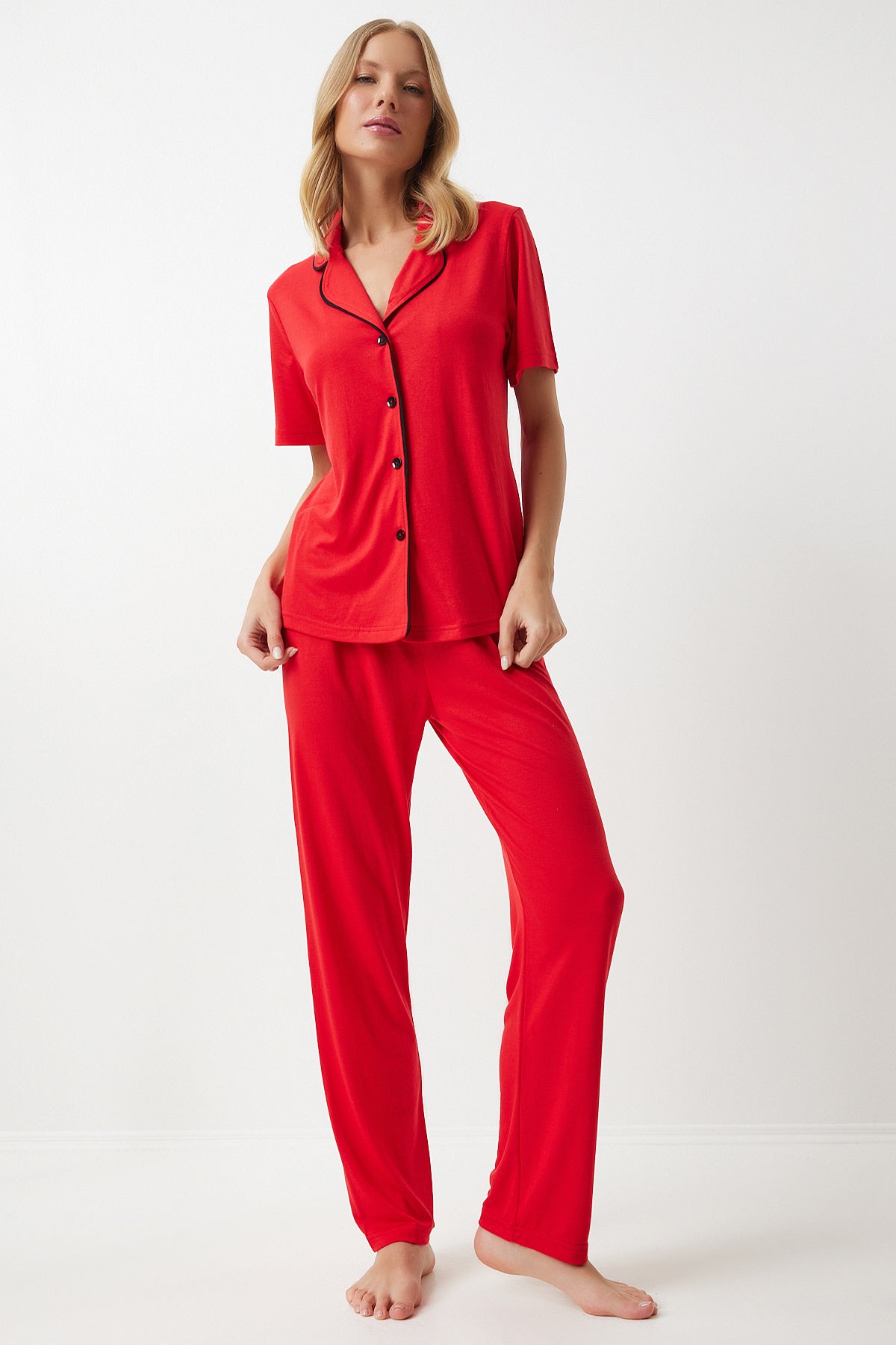 Kırmızı Biye Detaylı Gömlek Pantolon Pijama Takım EC00038