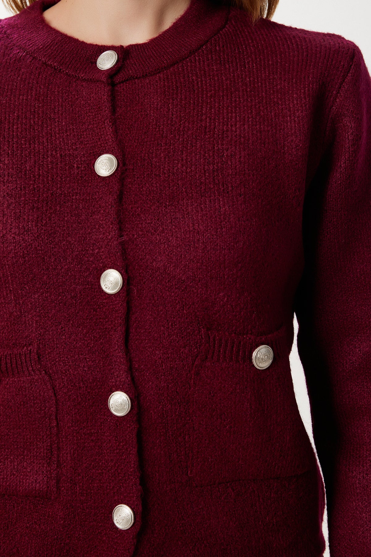Bordo Şık Düğmeli Cepli Triko Hırka PF00116