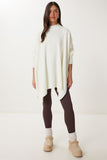Ekru Yandan Yırtmaçlı Oversize Panço Kazak YY00005