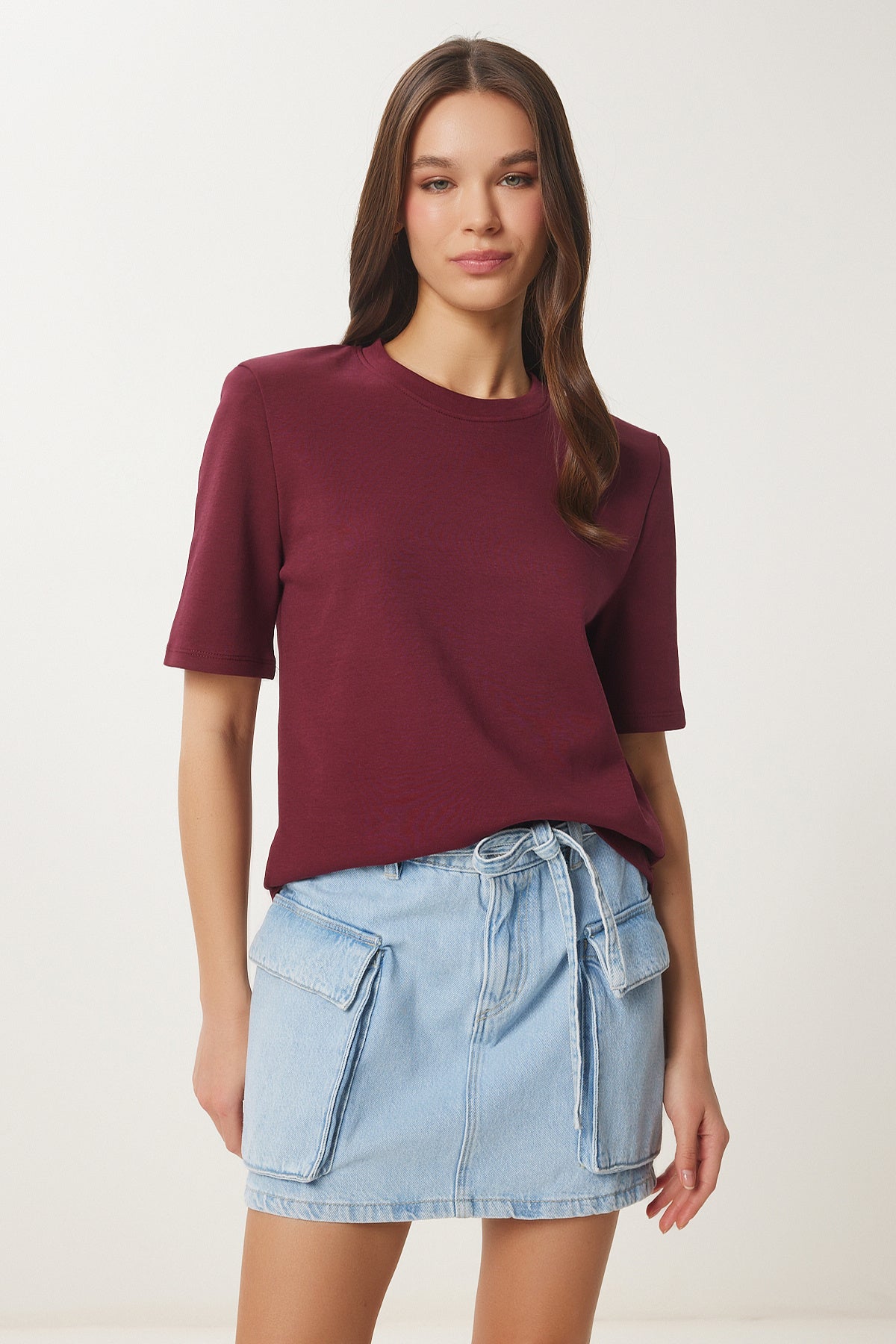 Bordo Vatkalı Pamuklu Örme T-Shirt DZ00121