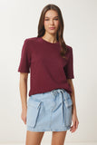 Bordo Vatkalı Pamuklu Örme T-Shirt DZ00121
