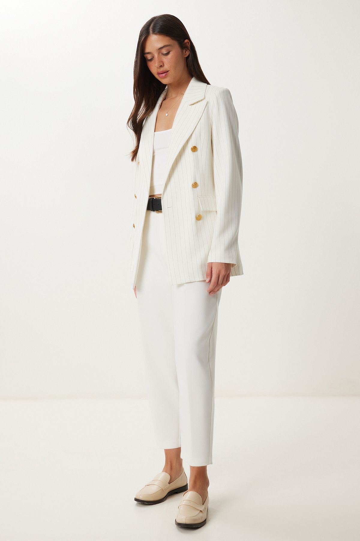 Ekru Vatkalı Çizgili Dokuma Blazer Ceket XL00002