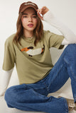 Zeytin Yeşili Nakışlı Pamuklu Oversize Örme T-Shirt CR00457
