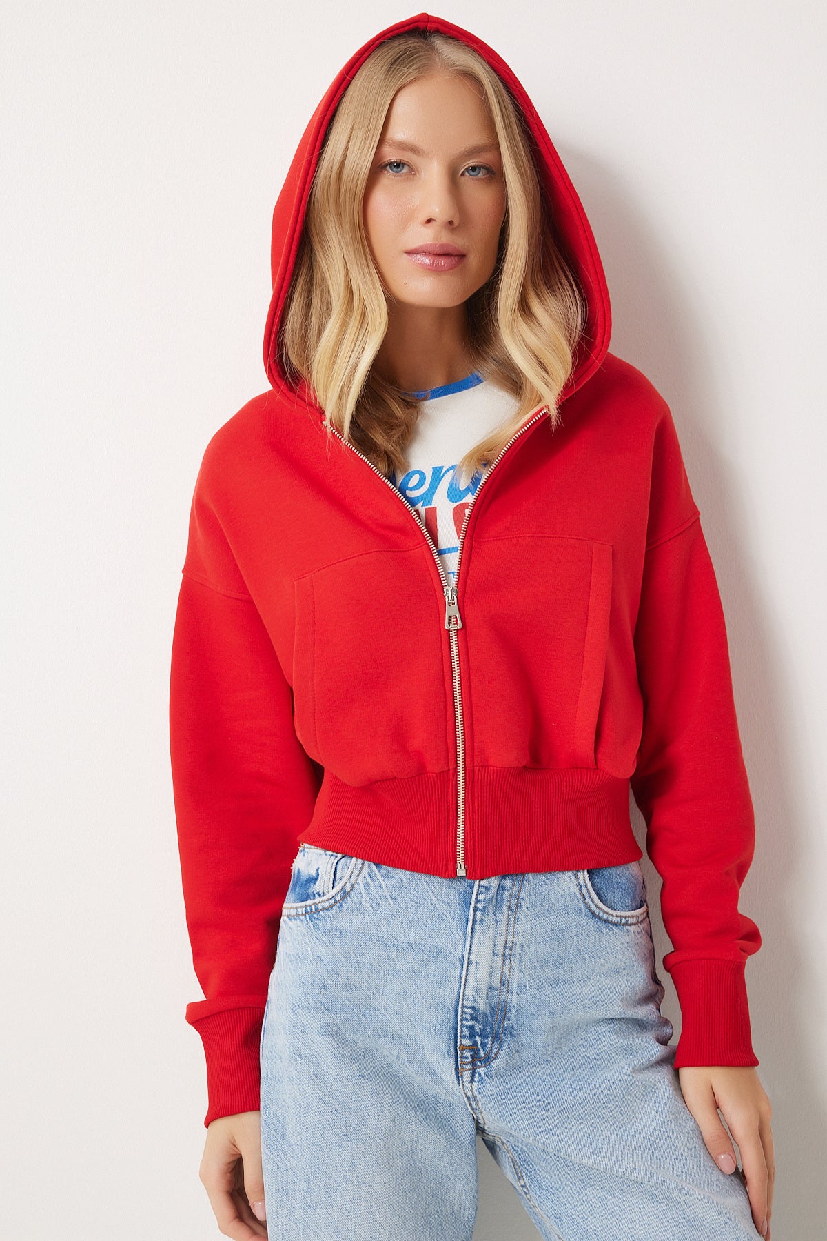 Kırmızı Kapüşonlu Şardonlu Fermuarlı Sweatshirt OW00051