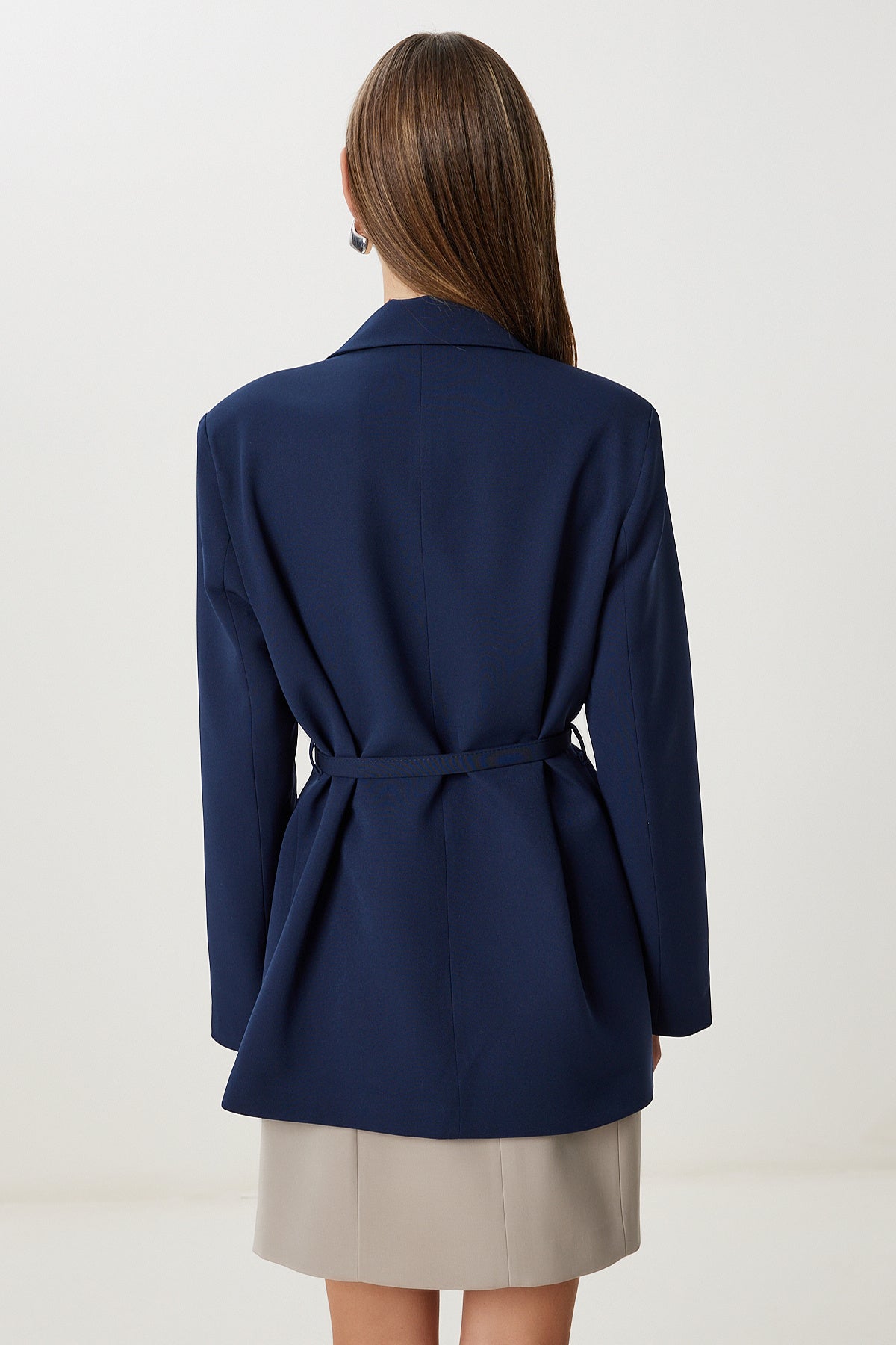 Lacivert Vatkalı Kemerli Blazer Dokuma Ceket KT00023