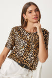 Siyah Bej Leopar Desenli Vatkalı Örme Viskon Bluz  FN03285