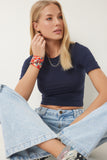 Lacivert Bisiklet Yaka Crop T-Shirt UB00064