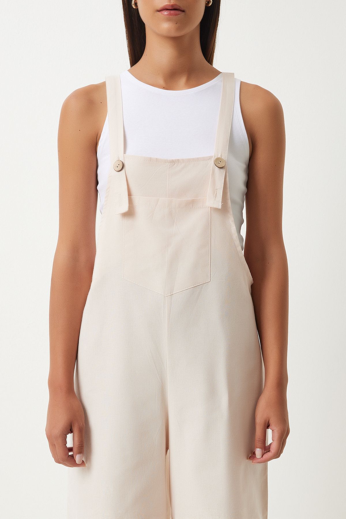 Krem Askılı İnce Gabardin Yazlık Bahçıvan Tulum KY00011