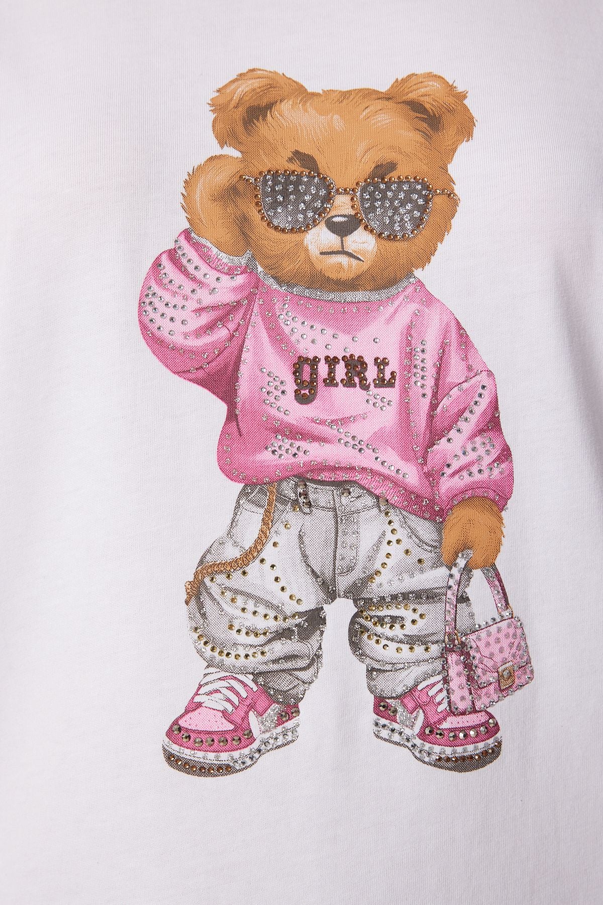 Beyaz Taş Detaylı Ayıcık Baskılı Örme T-Shirt BW00001