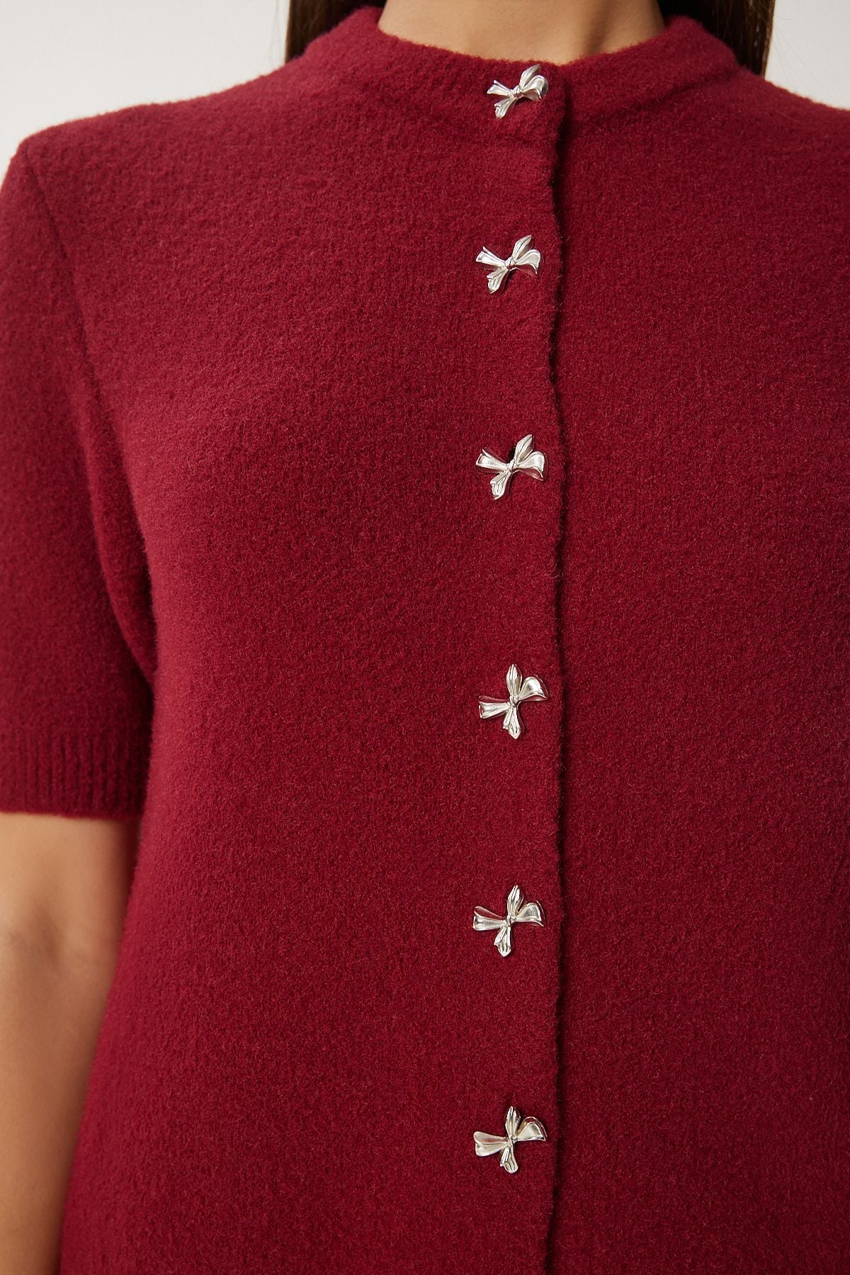 Bordo Şık Fiyonk Düğmeli Sakallı Triko Hırka DP00219