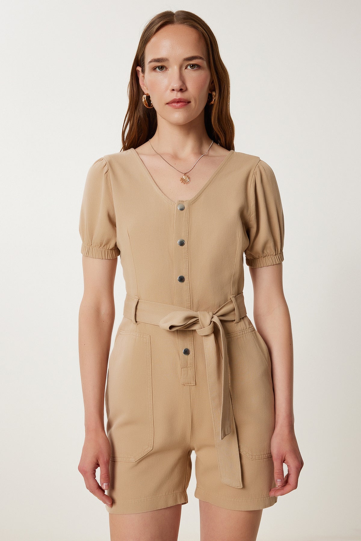 Bej Kemerli Mini Gabardin Tulum WF00112