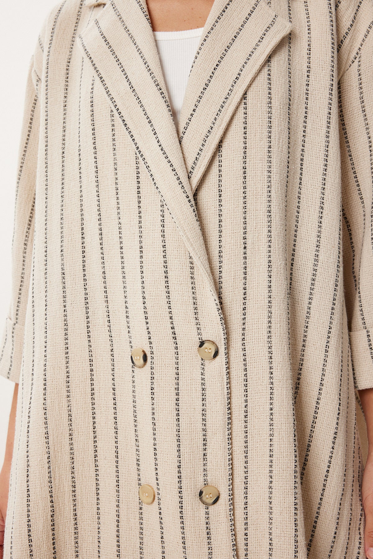 Krem Siyah Oversize Çizgili Mevsimlik Keten Ceket MX00224