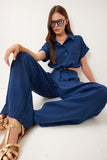 Lacivert Keten Crop Gömlek Pantolon Takım BV00149