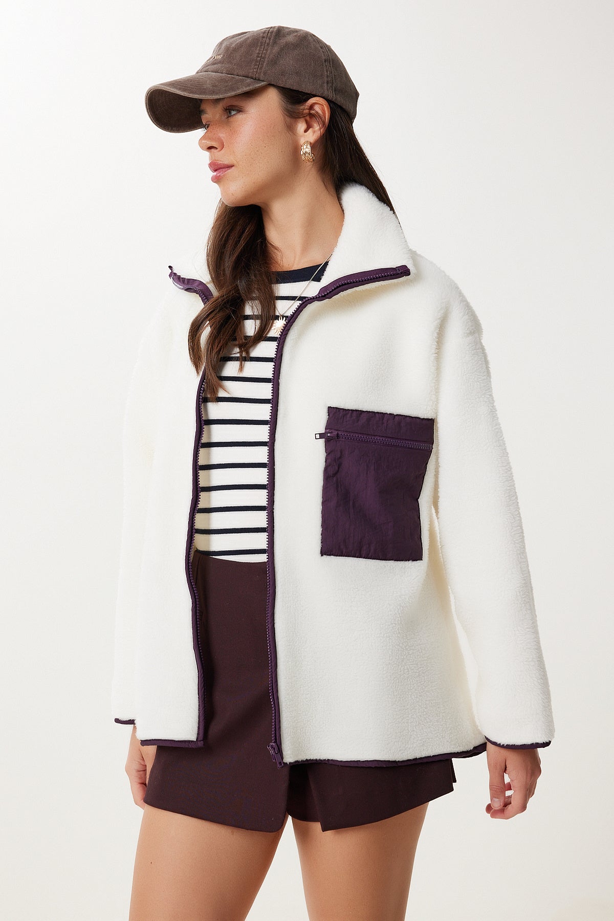 Kemik Fermuarlı Oversize Peluş Sweatshirt DD01379