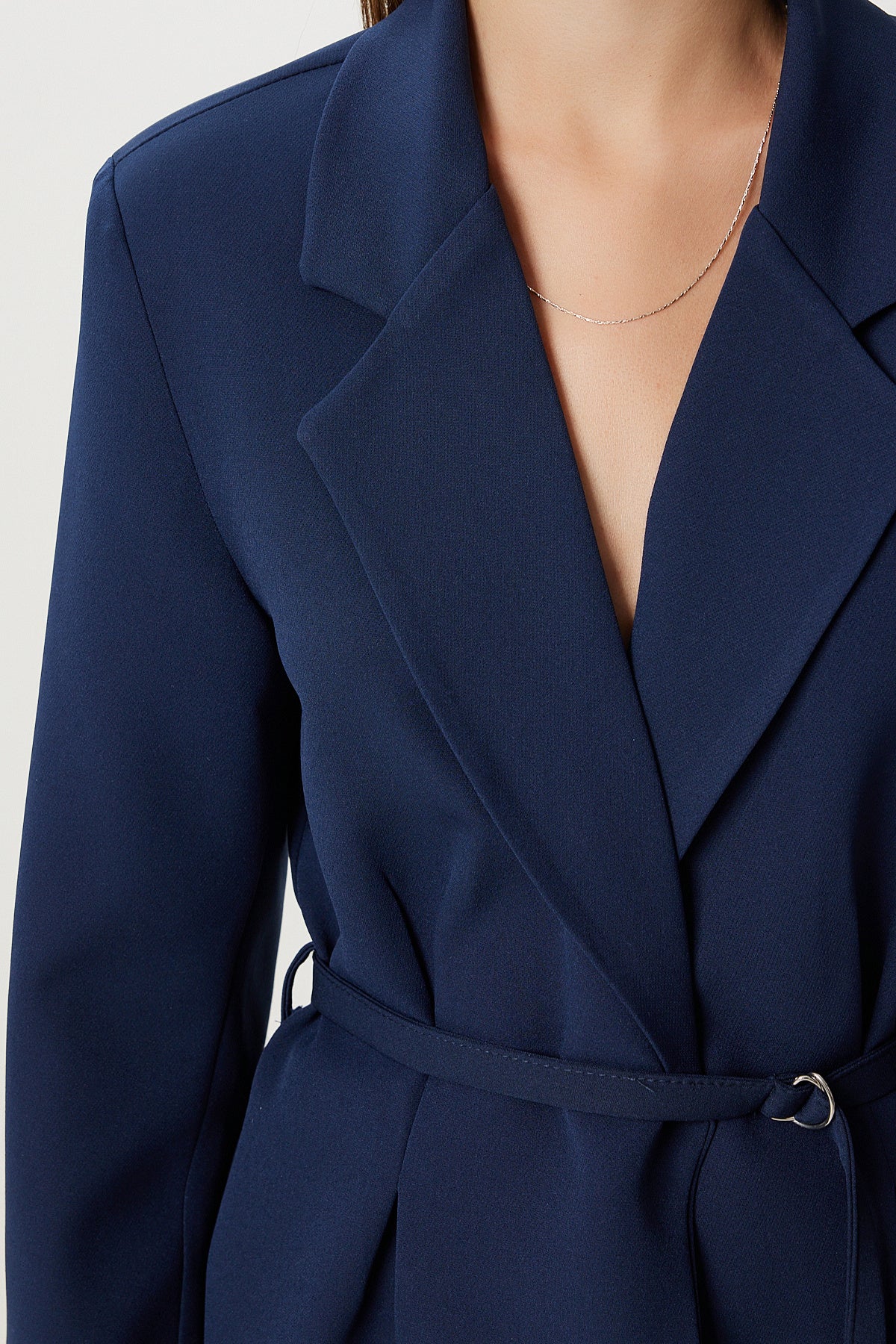 Lacivert Vatkalı Kemerli Blazer Dokuma Ceket KT00023