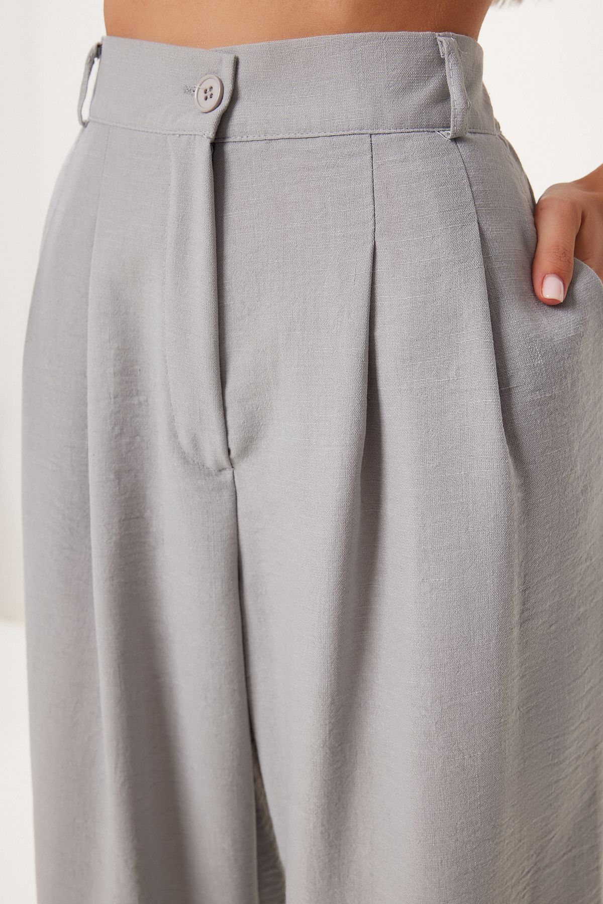 Gri Keten Crop Gömlek Pantolon Takım BV00149