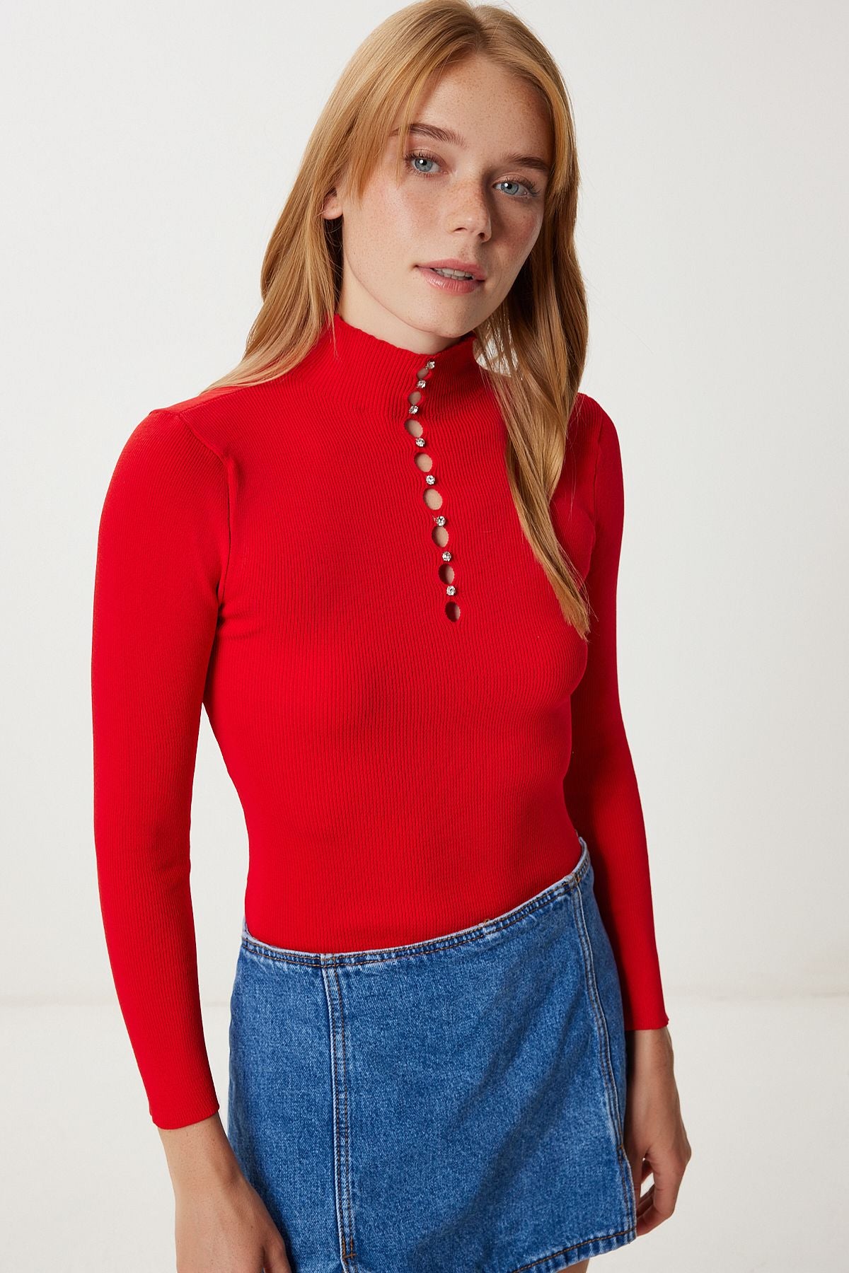 Kırmızı Cut Out Detaylı Taşlı Triko Kazak Kİ00159