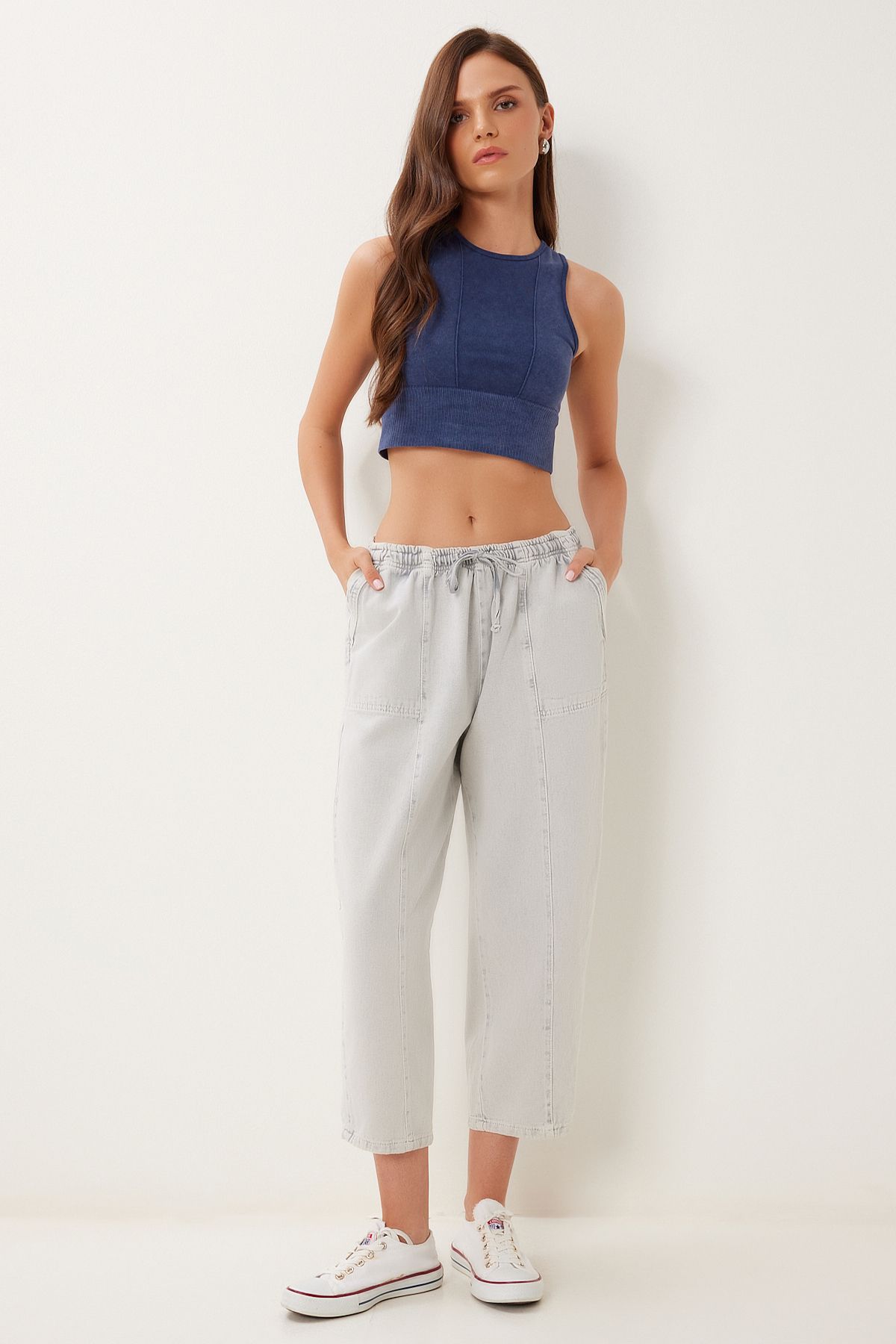 Gri Capri Rahat Gabardin Pantolon GP00019