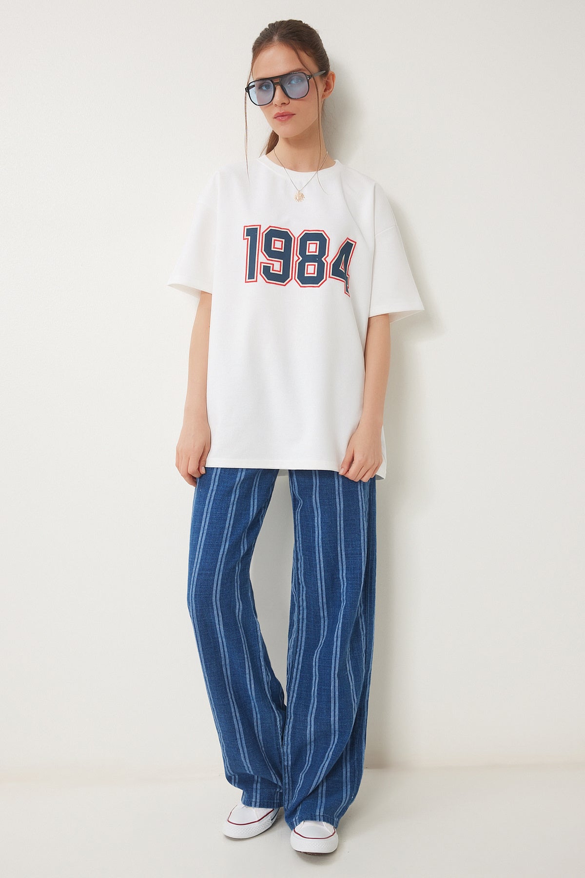 Ekru Oversize Baskılı Örme T-Shirt ZV00280