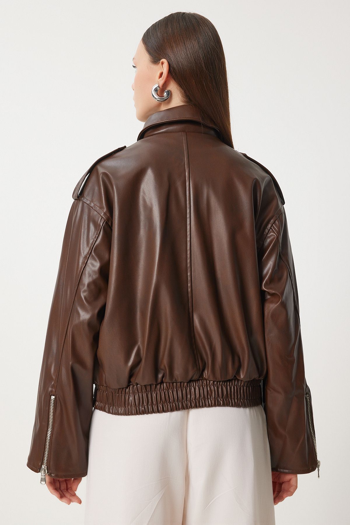 Kahverengi Vintage Görüntülü Suni Deri Biker Mont FN03382