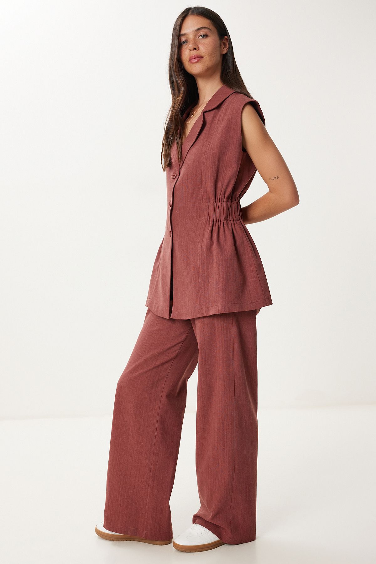Bordo Keten Yelek Pantolon Takım NO00025