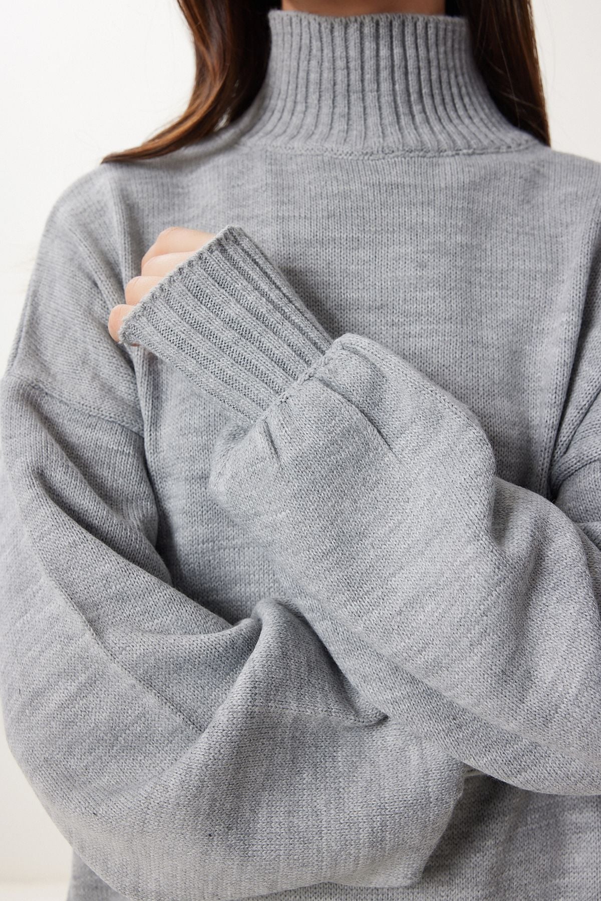 Gri Dik Yaka Oversize Basic Triko Kazak YY00167