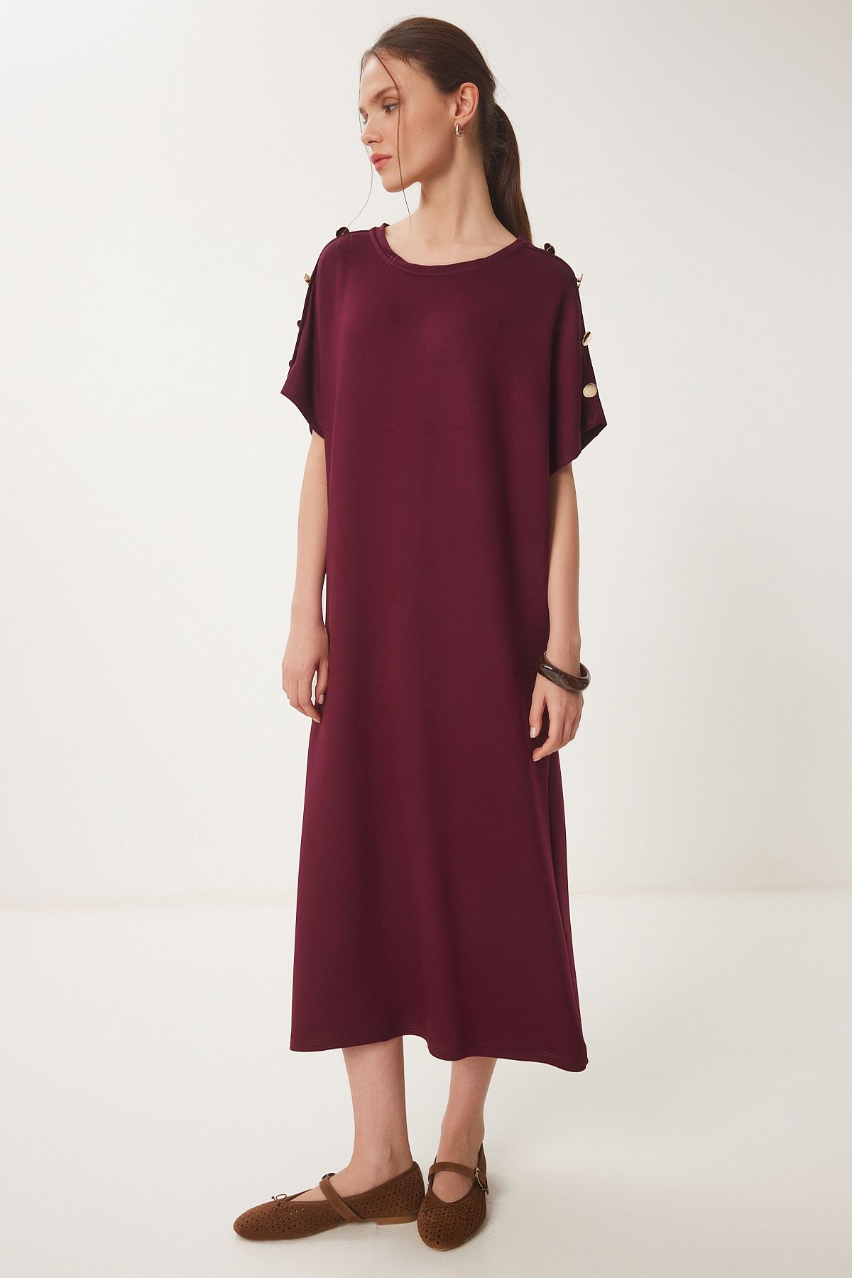 Bordo Düğme Detaylı Yazlık Örme Elbise ZV00291