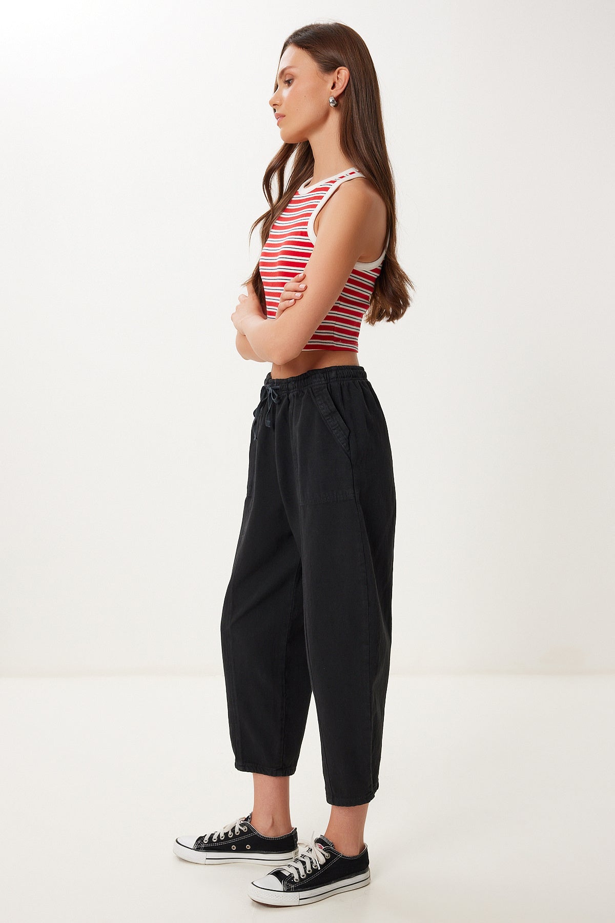 Siyah Capri Rahat Gabardin Pantolon GP00019
