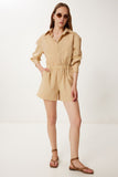 Camel Çizgili Dokuma Mini Şort Tulum WF00128