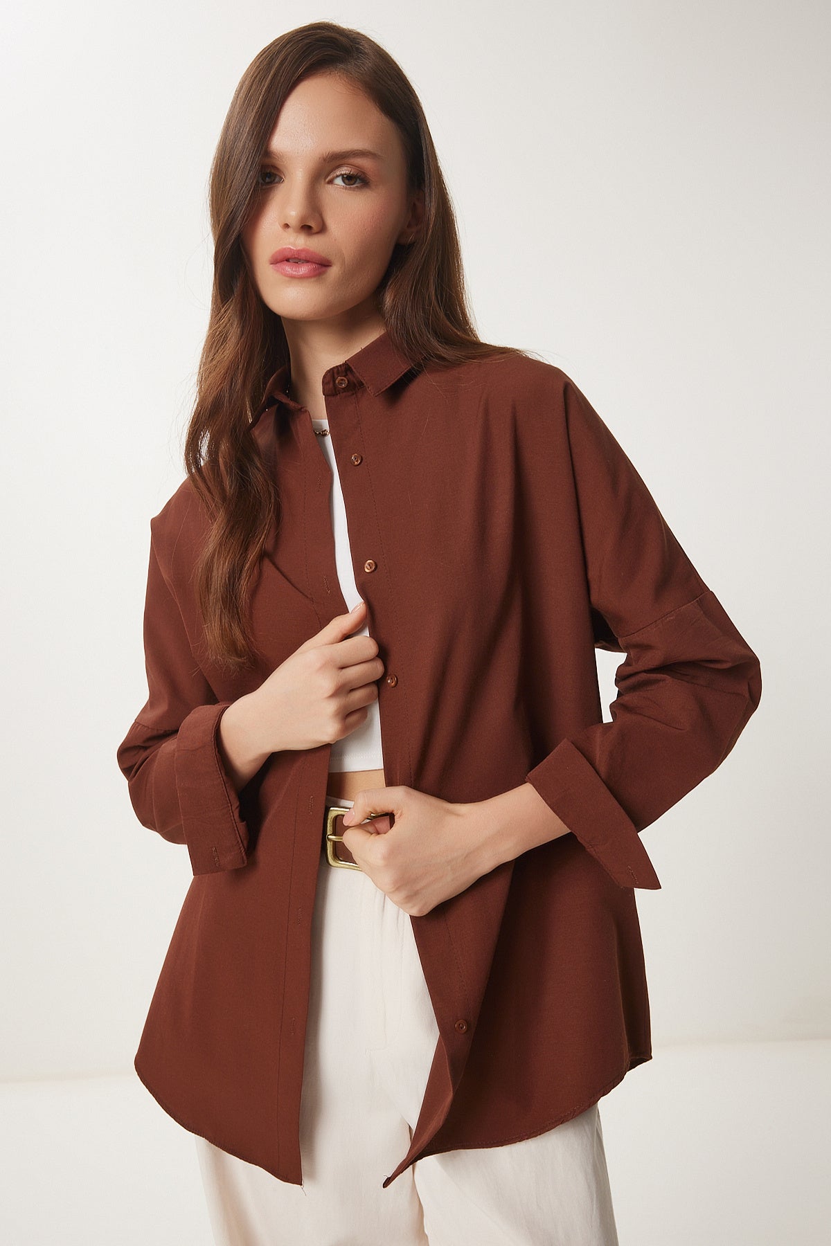 Çikolata Oversize Uzun Basic Gömlek  DD00842