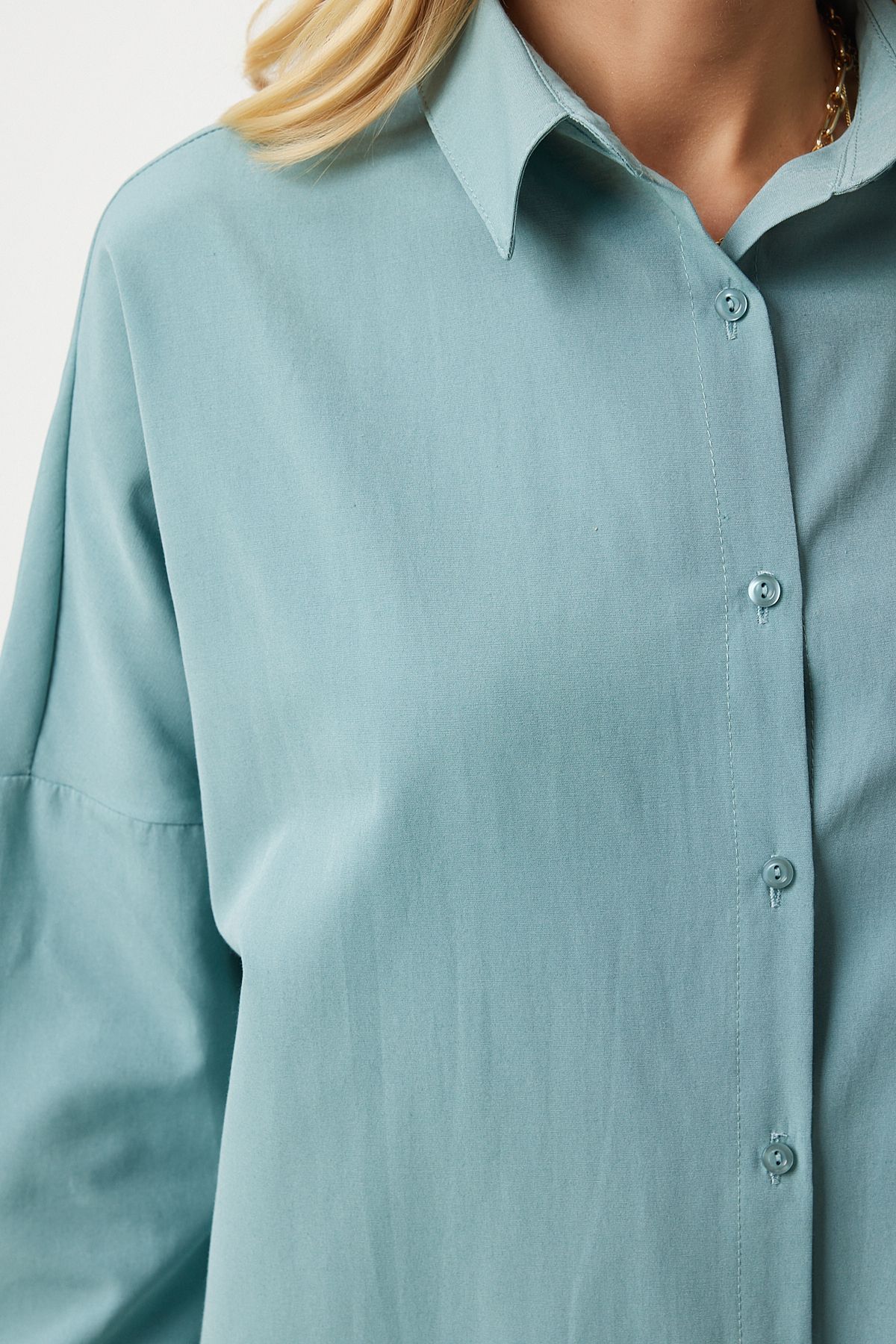 Koyu Su Yeşili Oversize Uzun Basic Gömlek  DD00842