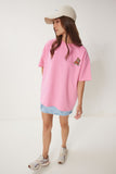 Pembe Ayıcık İşlemeli Oversize Örme T-Shirt ZV00286