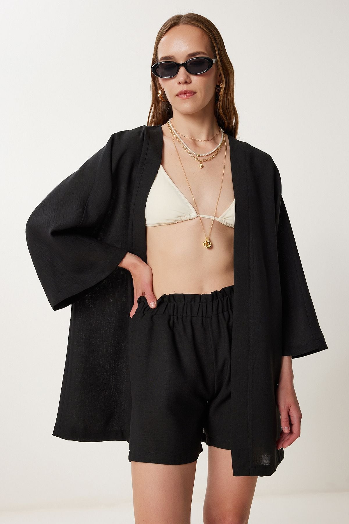 Siyah Keten Kimono Şort Takım WF00105